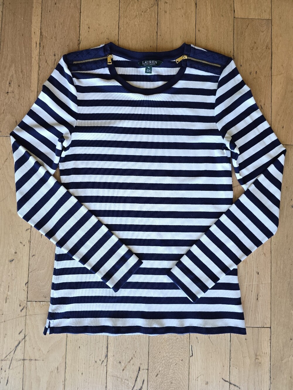 Lauren Ralph Lauren LRL Women's Shirt XL Navy Blue White Preppy Striped‎ Zip